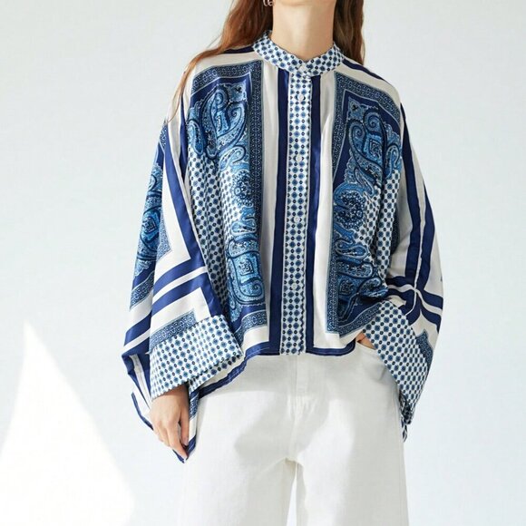 Multicolor Casual Women's Color Block Print  Cuff & Hem Design Blouse - Picture 3 of 5